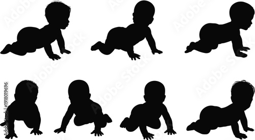 Baby, silhouette, set, isolated, on, white, background, crawling, infant, toddler, child, vector, icons, collection, design.