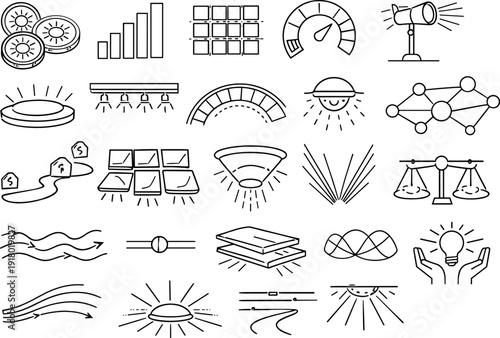 Line vector icons of lighting-as-a-service: lumen-credit tokens, brightness-level bars, ambient-light grids, usage-meter rings,