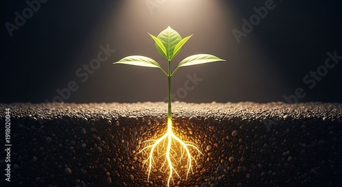 A sapling with illuminated roots grows from dark soil, lit by a spotlight above