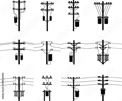 Electric Utility Pole Silhouette Set Isolated on White Background, Power Line and Transformer Structures, Electrical Distribution Infrastructure Vector Illustration Collection