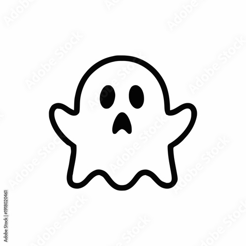Simple Black Outline Cartoon Ghost Icon With Wide Eyes And Open Mouth White Background