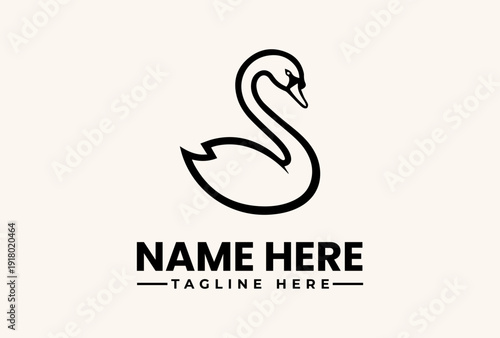A minimalist swan logo illustration with placeholder text on a beige background, featuring a simple black line drawing and typography for a brand identity or icon design.