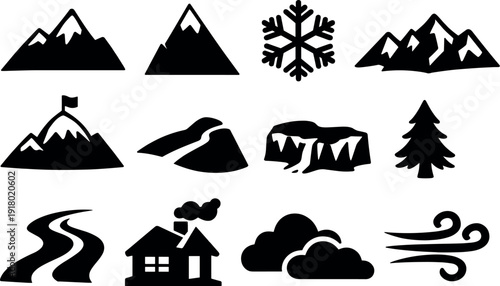 Solid vector icons of mountain winter: mountain, peak, snowflake, ridge, summit, slope, glacier, pine, trail, cabin, cloud, wind,