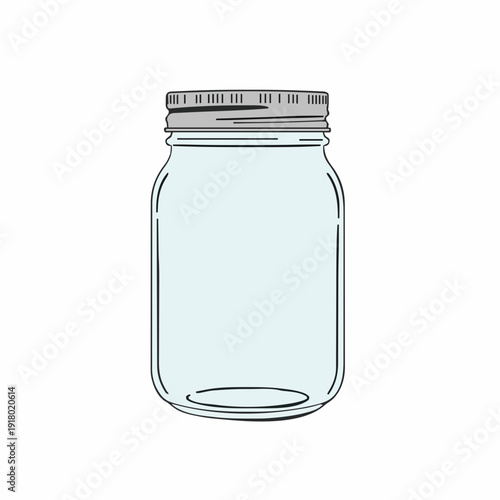 Clear Glass Mason Jar with Silver Metal Lid on White Background Simple Illustration