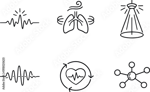 Line style icons of therapeutic influence factors: stimulation pulse, guided-breath symbol, focused-light beam, sound therapy
