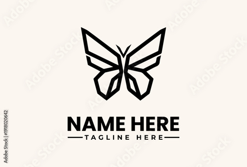 A minimalist black butterfly logo with geometric lines on a cream background, accompanied by placeholder text for a business name and tagline in a clean, modern design.