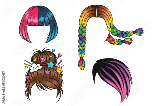 Collection of colorful wigs and hairstyles with cute hair accessories