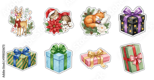 Christmas Animal and Gift Box Sticker Set, Vector Illustration