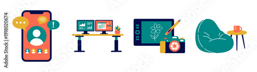 Flat Vector Remote Work and Creative Studio Asset Sheet for Modern Freelance Lifestyle and Digital Workspace Design