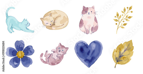 Cute Watercolor Cat Stickers with Floral Botanical Elements