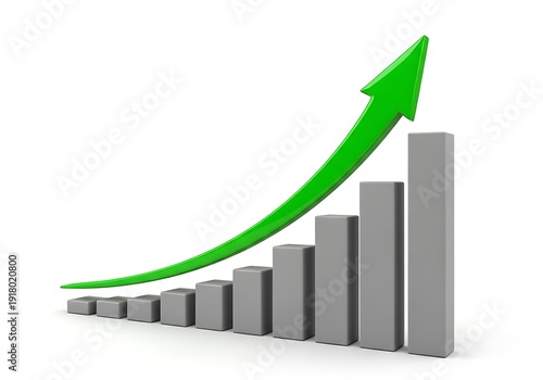 A green arrow rises above a gray bar graph on a white background showing growth and progress in business or finance Free Download A green arrow rises above a gray bar graph on a white background showing growth and progress in business or finance - GFXLoad