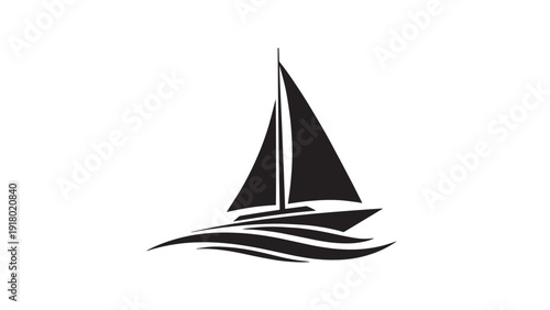 Minimal black sailboat graphic gliding over stylized waves, nautical sailing illustration.