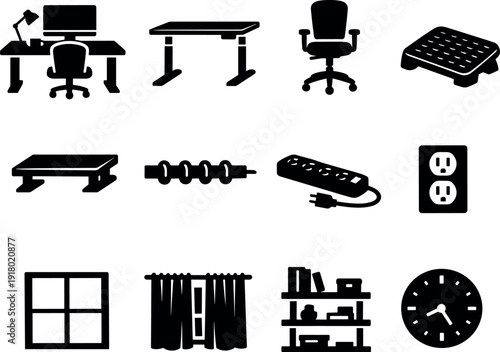 Solid vector icons of home workspace setup: workspace, standingdesk, officechair, footrest, monitorstand, cableorganizer,