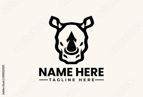 A black and white illustration of a rhinoceros head with a triangular arrow on its forehead, surrounded by placeholder text for a logo or icon on a beige background.