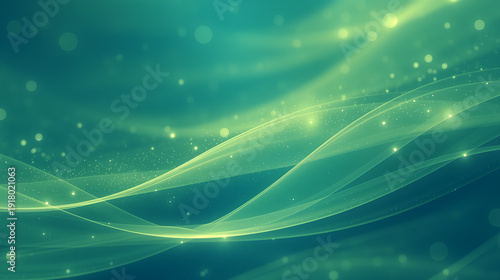 光り輝く粒子と流れる緑の波の抽象的な背景素材