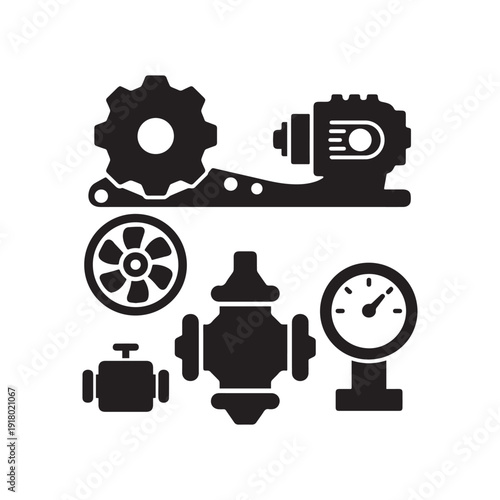 Comprehensive Industrial Engineering and Mechanical Parts Silhouette Icon Set for Technical Documentation.