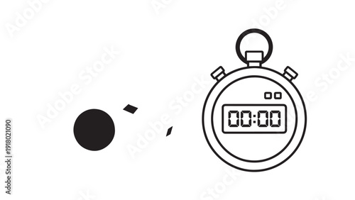 Minimalist stopwatch icon with countdown motif and abstract fragments on a clean white background.