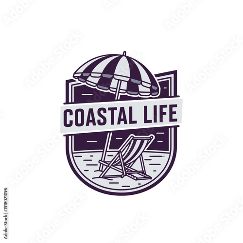 Coastal Life Badge - Beach Umbrella, Chair, and Ocean Scene Depiction.