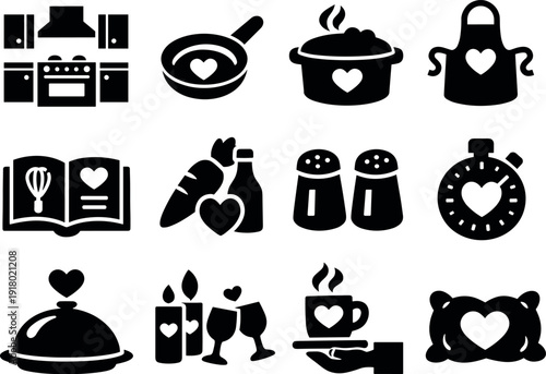 Solid vector icons of home romantic meal: kitchen, pan, pot, stove, apron, recipe, ingredient, spice, timer, serving, dish,