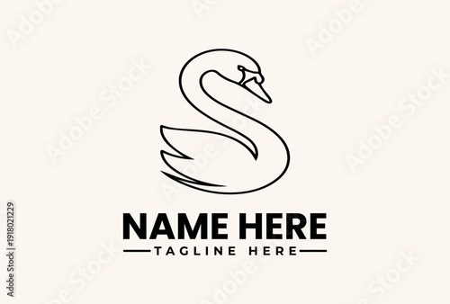 A minimalist black line art illustration of a swan logo with placeholder text on a clean white background, conveying a simple and elegant design.