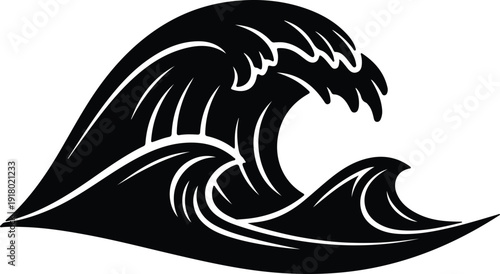 silhouette black and white powerful breaking surf ocean wave vector design