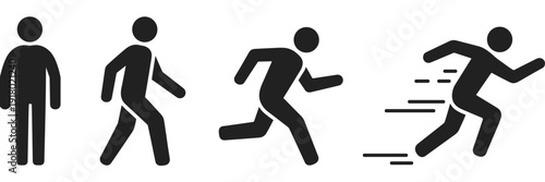 Vector illustration of human motion silhouette collection—symbols for standing, walking, jogging, sprinting, speed, activity, exercise, fitness, progression, and artistic representation