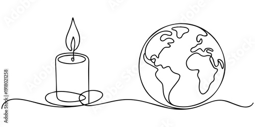 continuous one line drawing Earth Hour candle and planet concept
