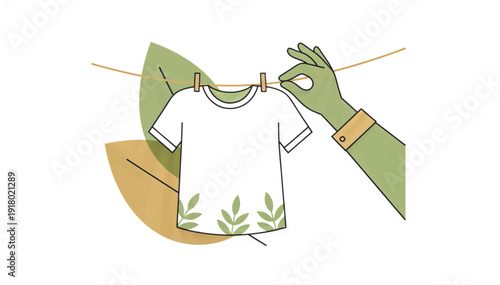 Sustainable fashion and eco-friendly clothing concept. White t-shirt with leaf pattern hanging on a clothesline. Flat design vector illustration isolated on white background