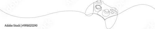 Continuous line illustration of a game controller in banner layout with space for text. Editable stroke vector for esports branding, gaming platforms and digital marketing.
