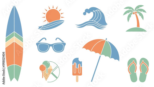 Retro surf and summer icon set. Collection of beach vacation and travel symbols. Flat design vector illustration with vintage texture
