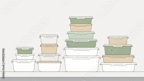 A collection of reusable food storage containers. Minimalist vector illustration for meal prep and kitchen organization. Stacked plastic boxes with airtight lids