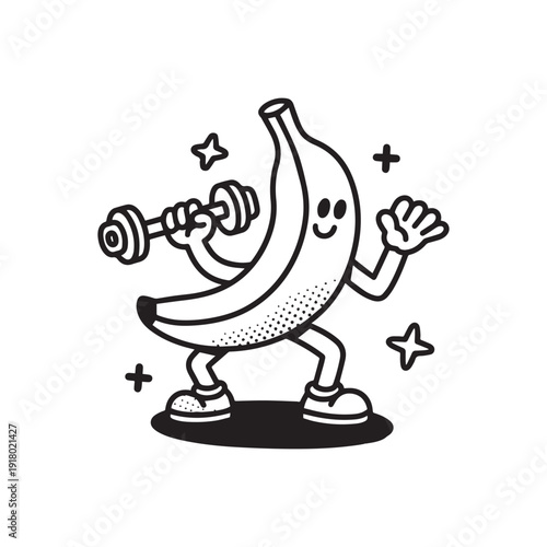 Funny Cartoon Banana Character Lifting Dumbbell Weight in Gym Fitness Workout Illustration. 