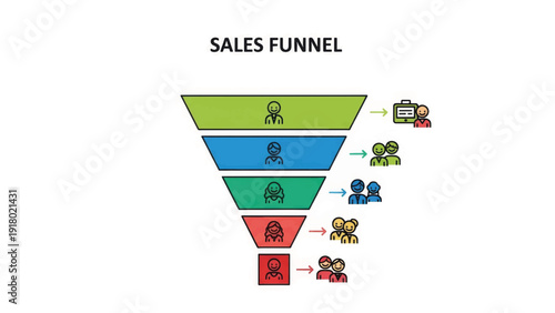 Sales funnel diagram vector illustration. Minimalist infographic for marketing and business strategy. Customer journey and conversion process concept.