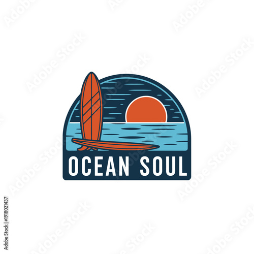 Ocean Soul - Surfboard and Sunset Emblem Capturing Coastal Spirit.