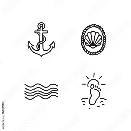 Minimalist Nautical Line Art Icons Featuring Anchor Sea Shell Waves and Footprint.