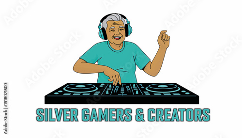 Senior man DJ illustration. Cartoon character with headphones and DJ controller. Silver gamers and creators concept vector graphic