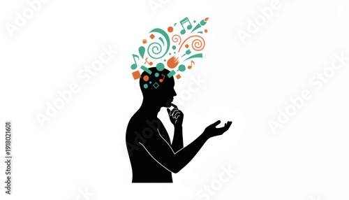 A silhouette of a person thinking with creative ideas. Vector illustration of imagination, art, and music. Conceptual graphic for brainstorming and innovation