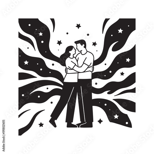 Romantic Couple Embracing Inside Artistic Heart Shape Silhouette with Sparkling.
