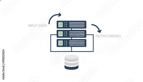 AI data processing workflow diagram. Minimalist vector illustration of a server rack and database. Input and output data flow concept for machine learning
