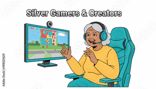 Senior woman gamer and creator sitting in a gaming chair. Flat design cartoon illustration of elderly technology use. Silver gamers and creators concept vector isolated on white background