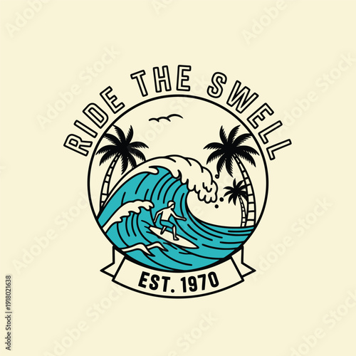 Surfer rides a massive ocean wave with palm trees and a vintage design.