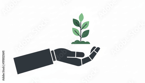 Robot hand with a growing plant symbolizing AI and sustainability. Minimalist flat vector illustration. Agritech and innovation concept icon