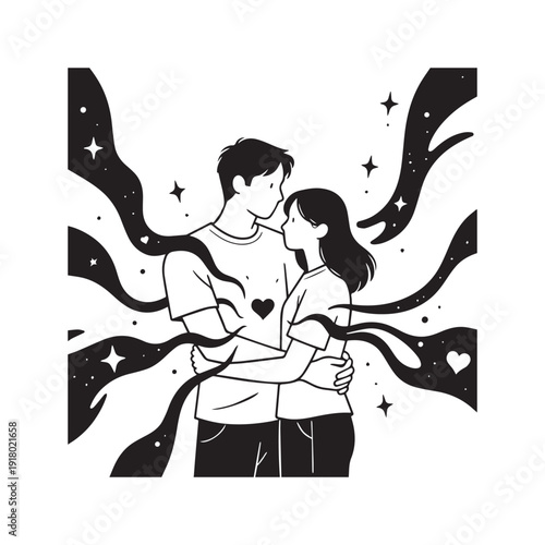 Romantic Couple Embracing Inside Artistic Heart Shape Silhouette with Sparkling.