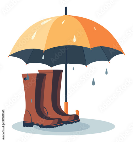 Brown rubber boots and orange umbrella under rain drops in flat style. Spring weather concept for protection from water. Vector illustration for seasonal posters and autumn nature design. Vector.