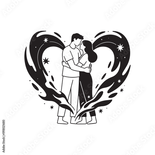 Romantic Couple Embracing Inside Artistic Heart Shape Silhouette with Sparkling.