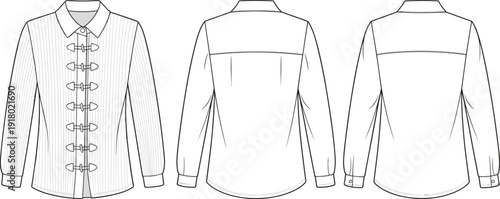 Detailed Technical Shirt Flat Sketch with Front and Back Views, Long Sleeve Striped Design and Tailoring Seams for Fashion Apparel Template Illustration