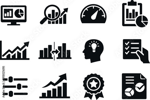 Solid vector icons of annual performance tracking: dashboard, analytics, metric, report, trendline, comparison, insight,