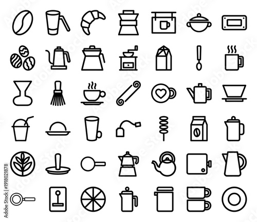 Coffee and breakfast line icon set including vector pictograms of beans, moka pot, french press, croissant, kettle, and grinder, thick black outline illustration.