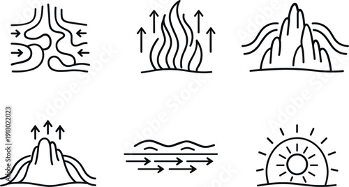 Line vector icons of cooling system mimicking termite mound thermoregulation (bio-inspired airflow): cooling channel, warm plume,
