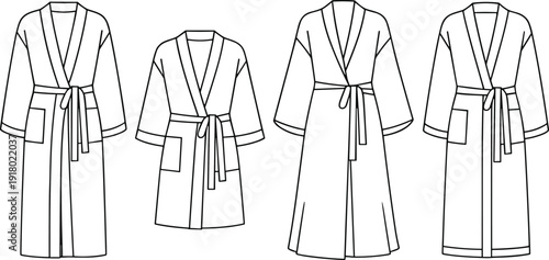 Women bathrobe technical fashion flat sketch set with front view variations, belt tie and pocket details, apparel garment template outline for clothing design production